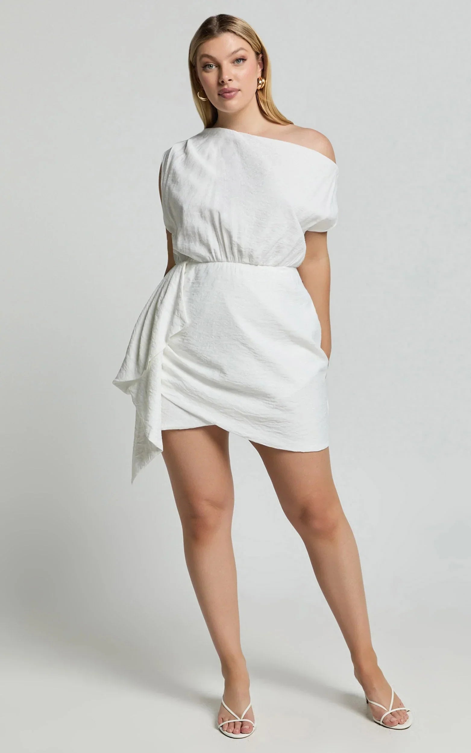 Niana Mini Dress - Drape One Shoulder Dress in White