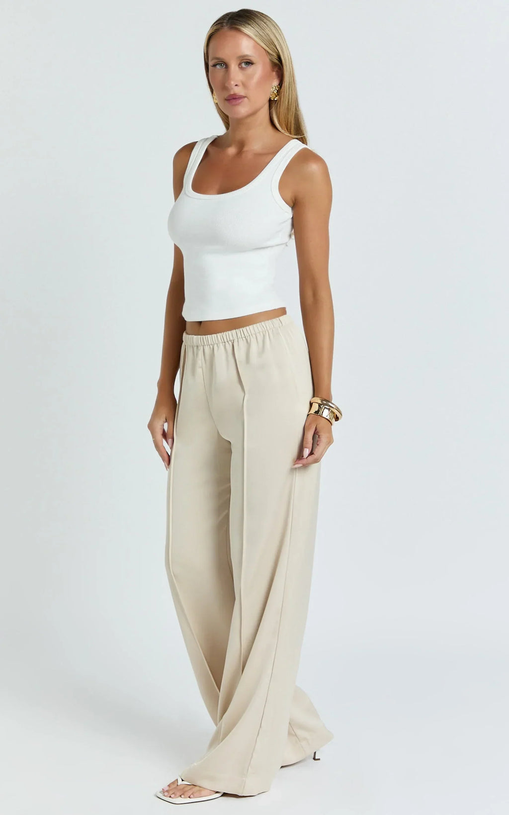 Faye Pants - Low Waist Elastic Waist Wide Leg Pants in Neutral