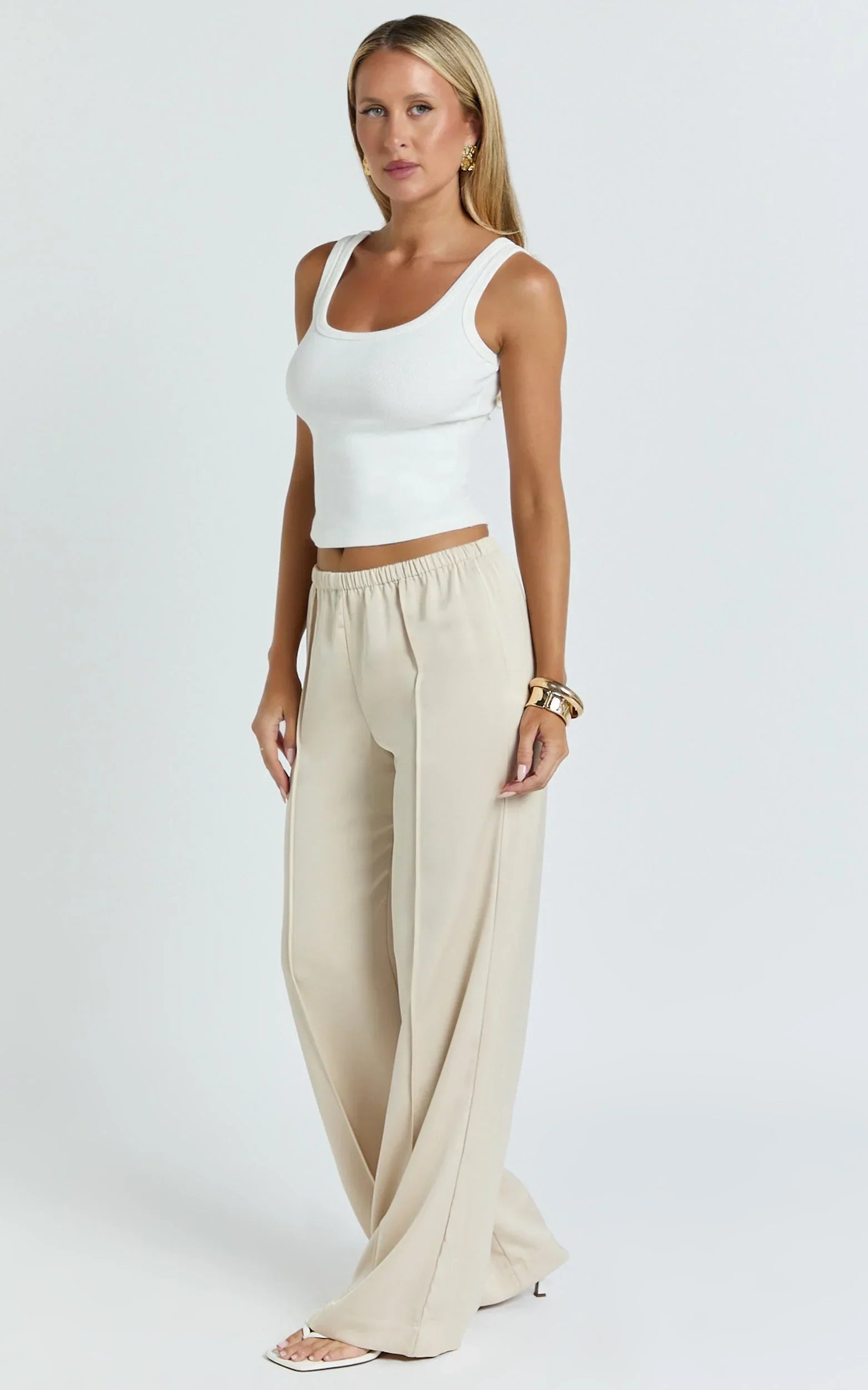 Faye Pants - Low Waist Elastic Waist Wide Leg Pants in Neutral