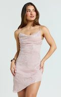 Elysia Mini Dress - Sequin Cowl Neck Asymmetrical Dress in Pale Pink