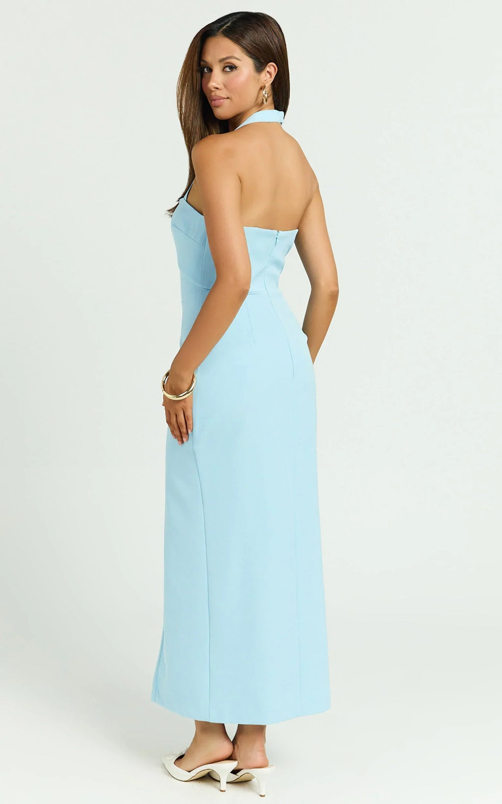 Emkate Midi Dress - Straight Neck Halter Neck Fitted Hook And Eye Front Dress in Blue
