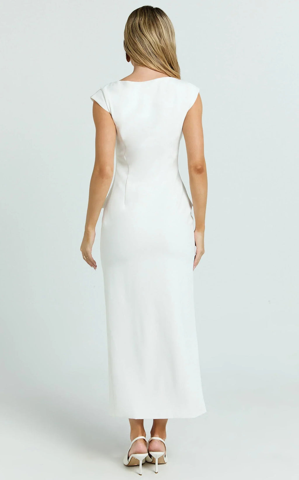 Calista Midi Dress - Boat Neck Button Down Pencil Dress in White