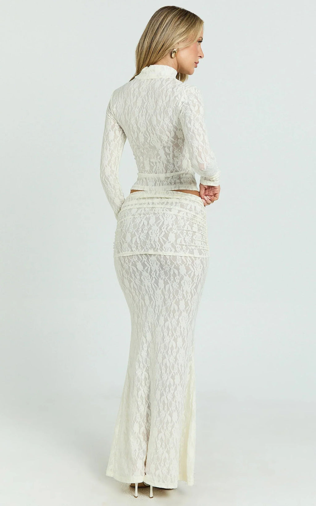 Kathleen Maxi Skirt - Mid Rise Ruched Wide Band Fishtail Jersey Skirt in Cream