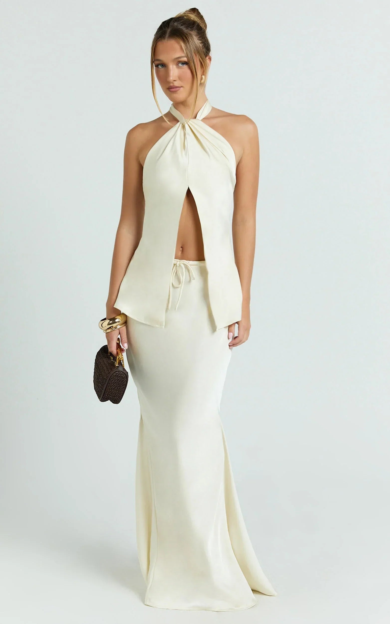 Jenna Top - Halter Neck Knot Detail Open Front Top in Oyster
