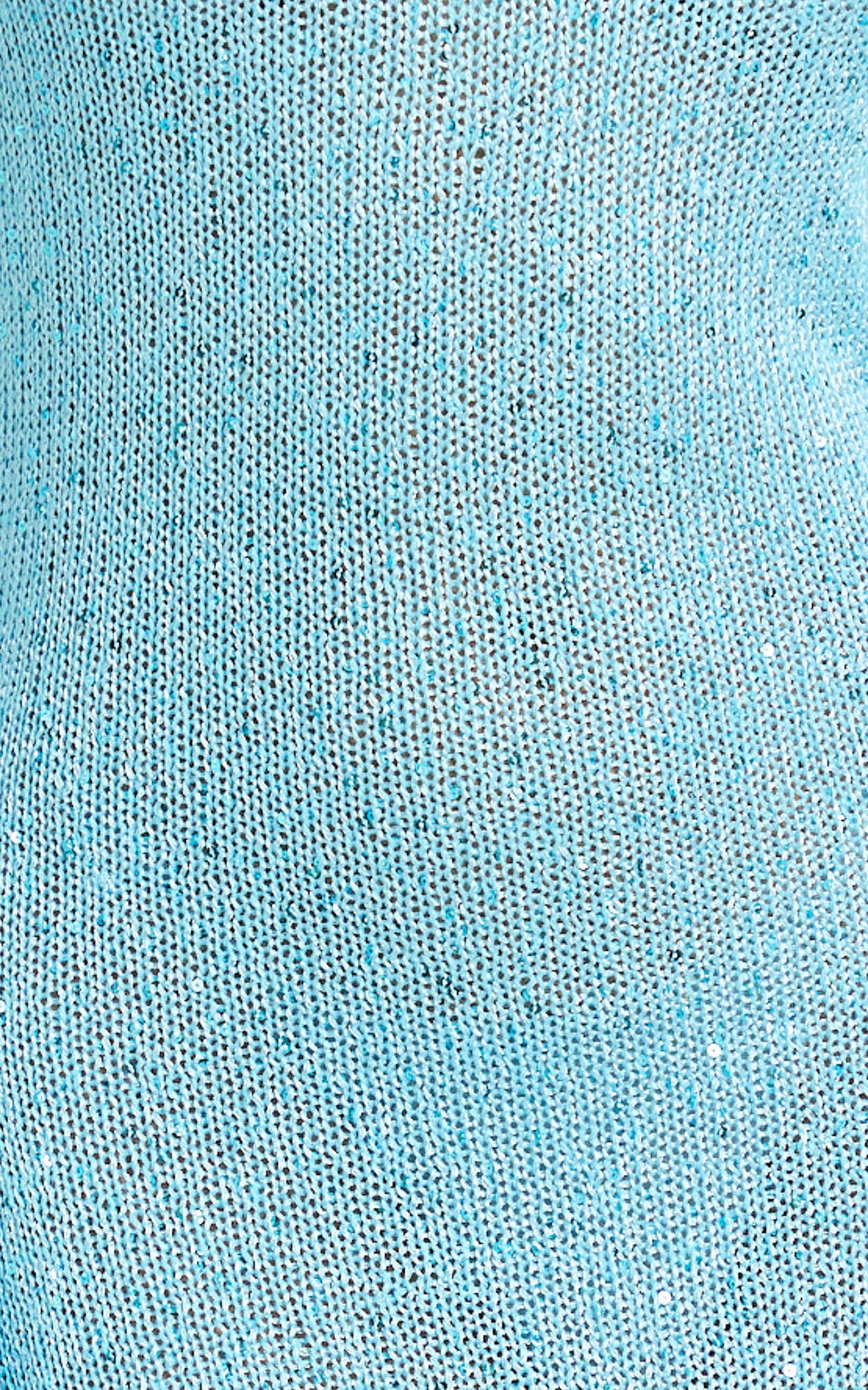Inez Maxi Dress - High Neck Long Sleeve Scoop Back Sequin Open Knit Column Dress in Light Blue