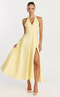 Faith Midi Dress - Jacquard Plunge Halter Tie Neck Fit And Flare Dress in Yellow