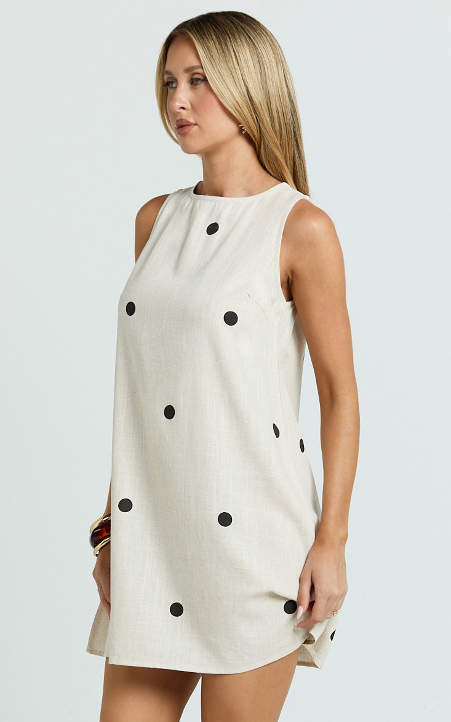 Faye Mini Dress - Sleeveless Shift Dress in Oatmeal Polka Dot