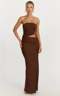Fergie Maxi Dress - Strapless Side Ruched Cut Out Fitted Dress in chestnut brown