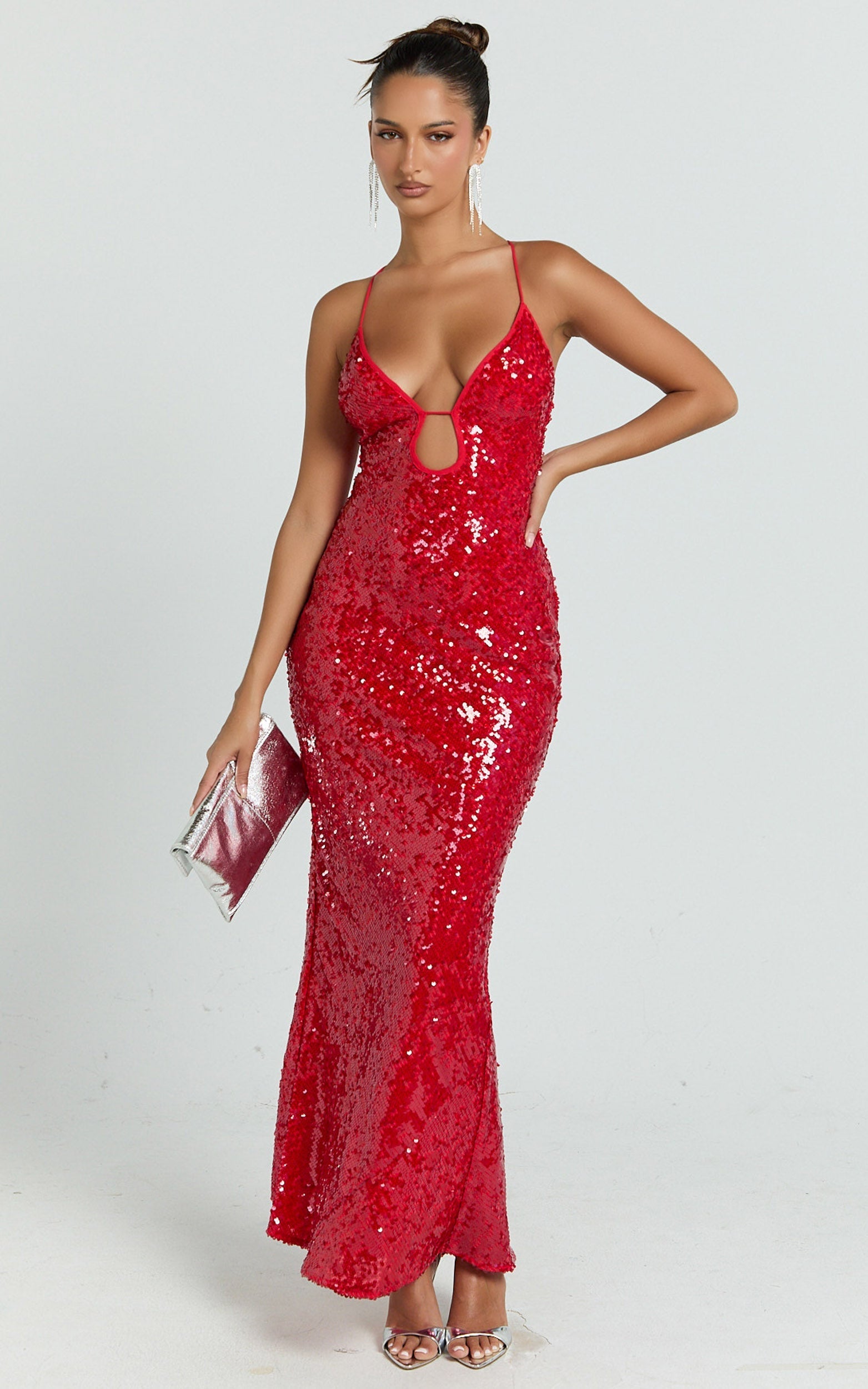 Finn Maxi Dress - Plunge Neck Sheer Sequin Slip Dress in Red