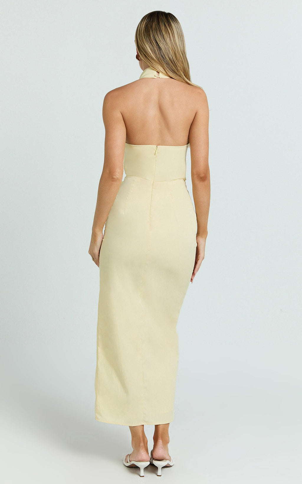 Finn Midi Dress - Folded Cowl Halter With Front Leg Split in Lemon