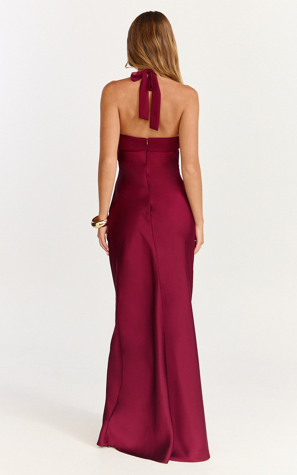 Flynn Maxi Dress - Satin Halter Sweetheart Neck Dress in Wine