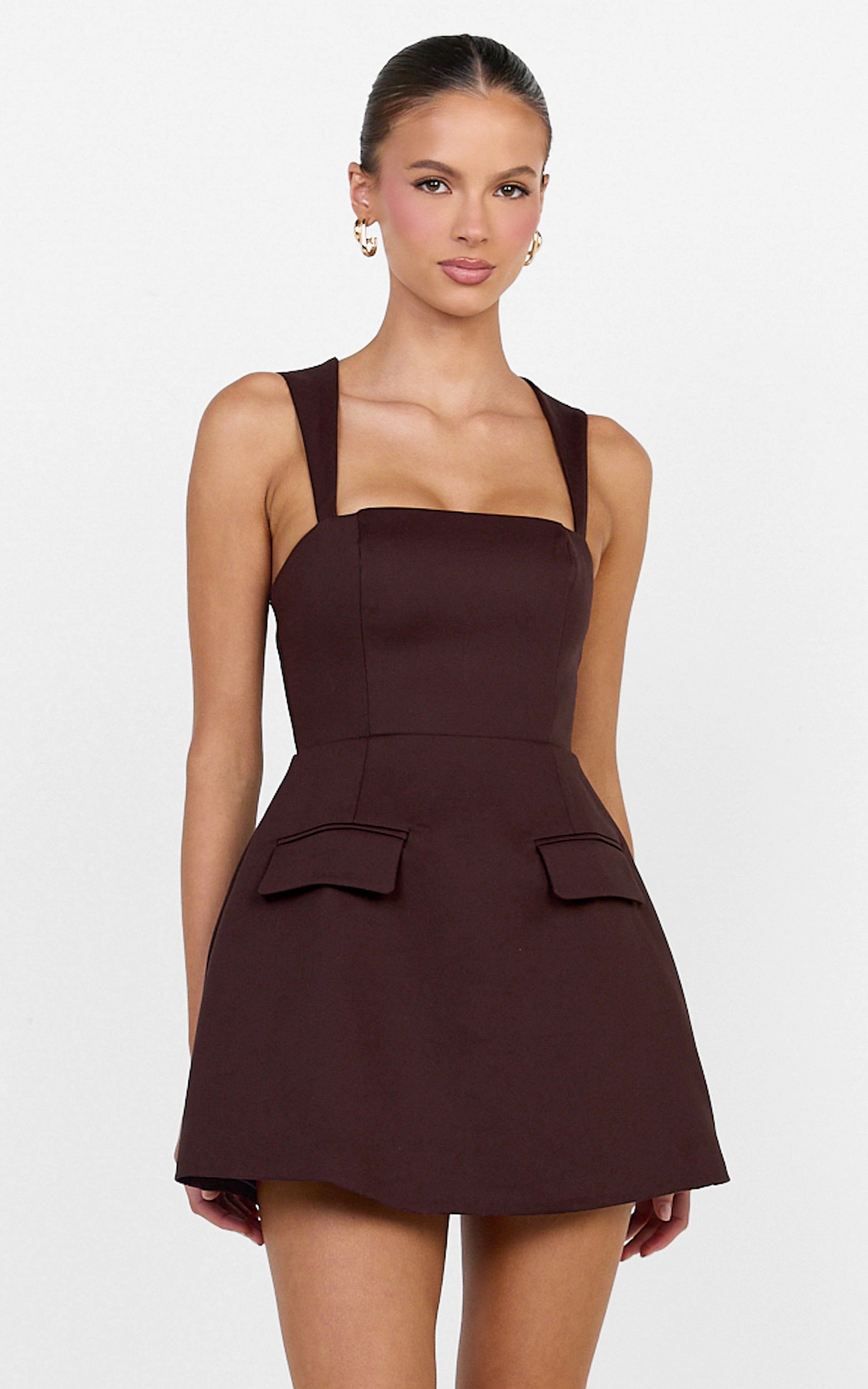 Garrett Mini Dress - Square Neck Fit And Flare Dress in Dark Chocolate