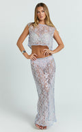 Gemmalyn Two Piece Top and Skirt Set - Sequin Lace Top And A Line Midi Skirt in Pink