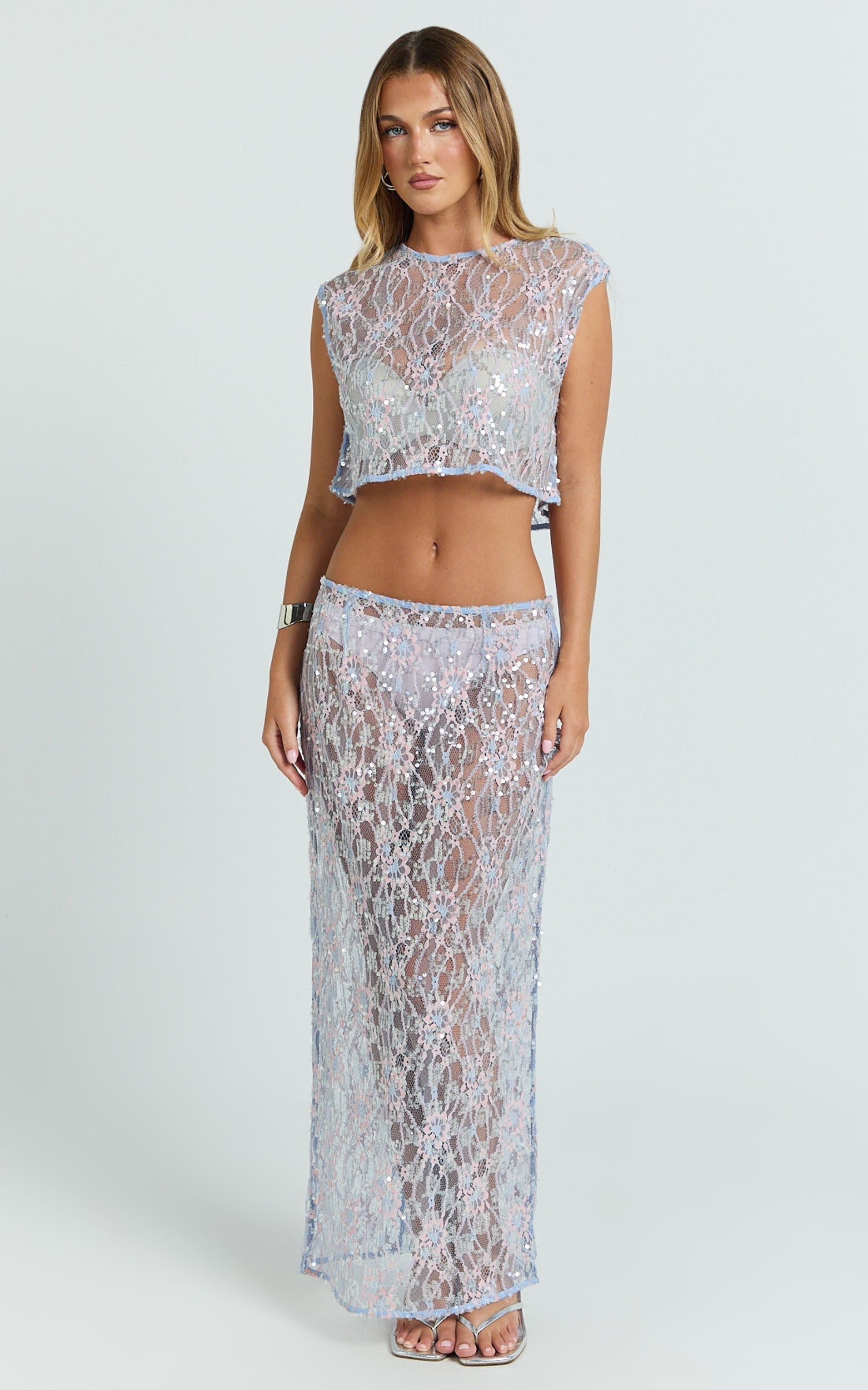 Gemmalyn Two Piece Top and Skirt Set - Sequin Lace Top And A Line Midi Skirt in Pink