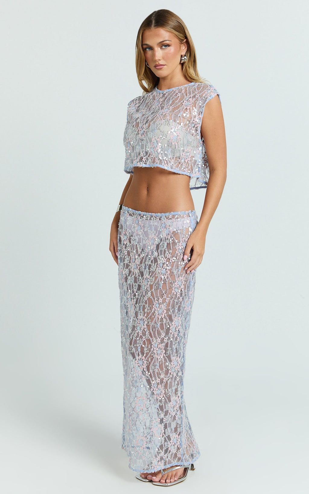 Gemmalyn Two Piece Top and Skirt Set - Sequin Lace Top And A Line Midi Skirt in Pink