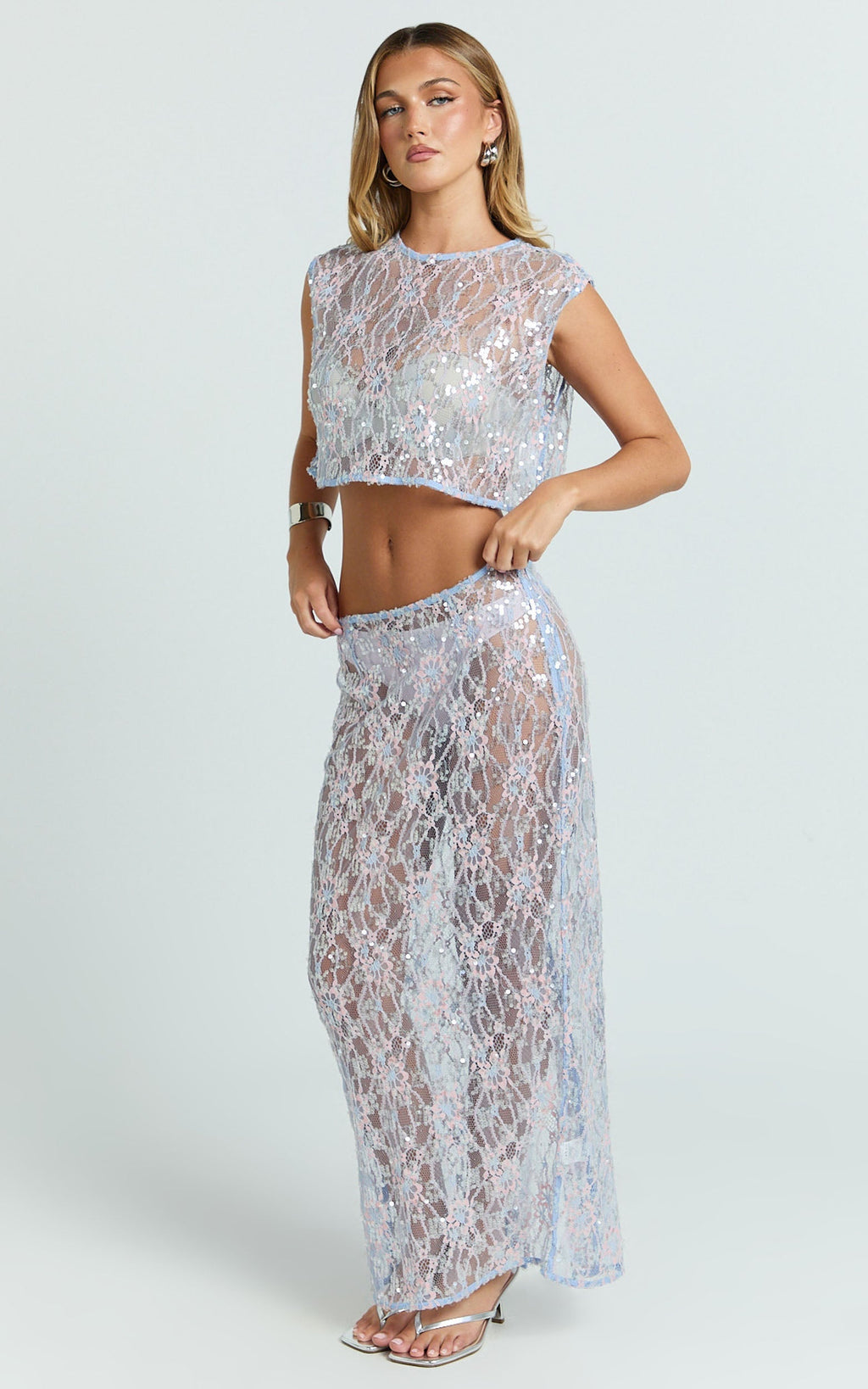 Gemmalyn Two Piece Top and Skirt Set - Sequin Lace Top And A Line Midi Skirt in Pink