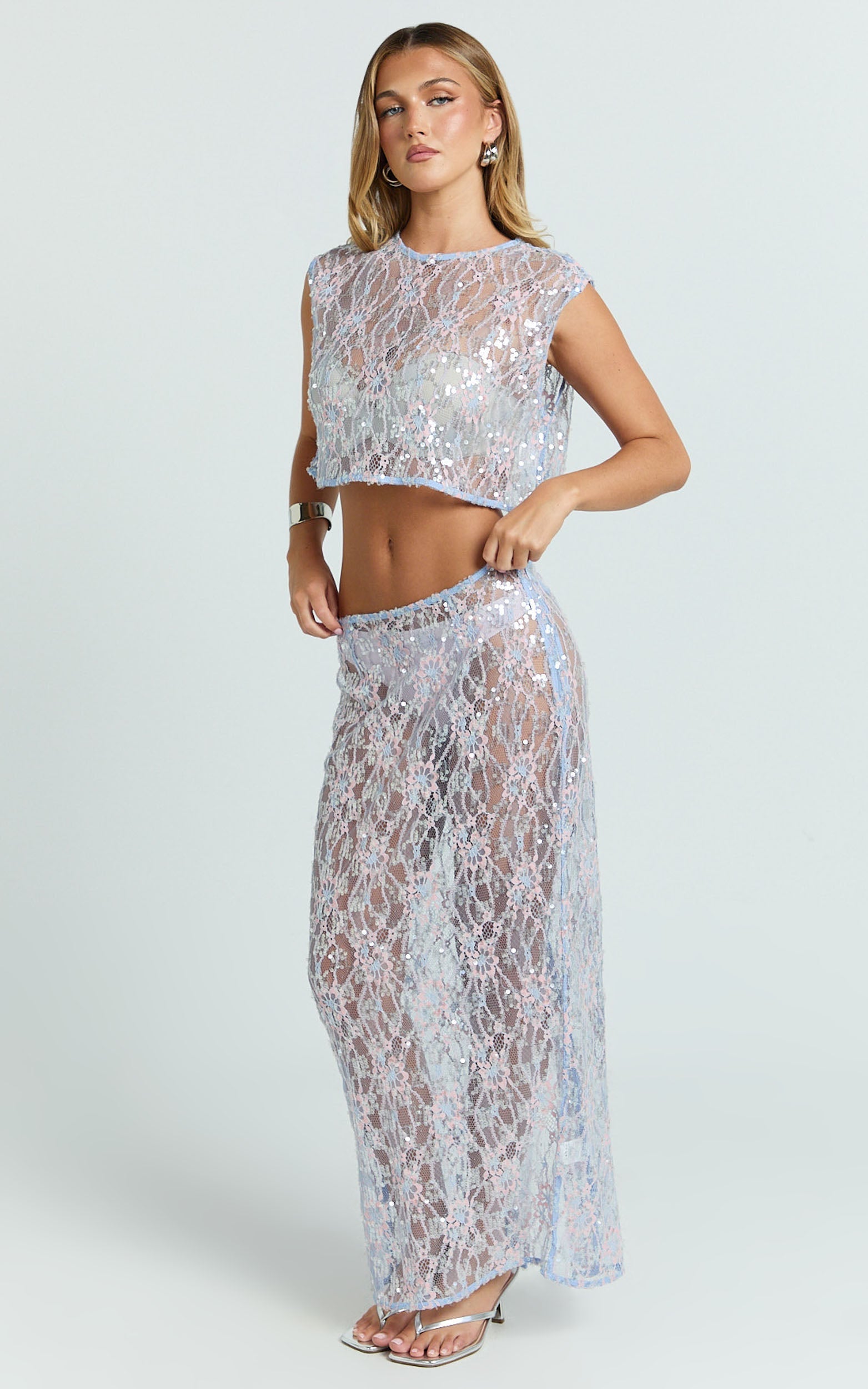 Gemmalyn Two Piece Top and Skirt Set - Sequin Lace Top And A Line Midi Skirt in Pink
