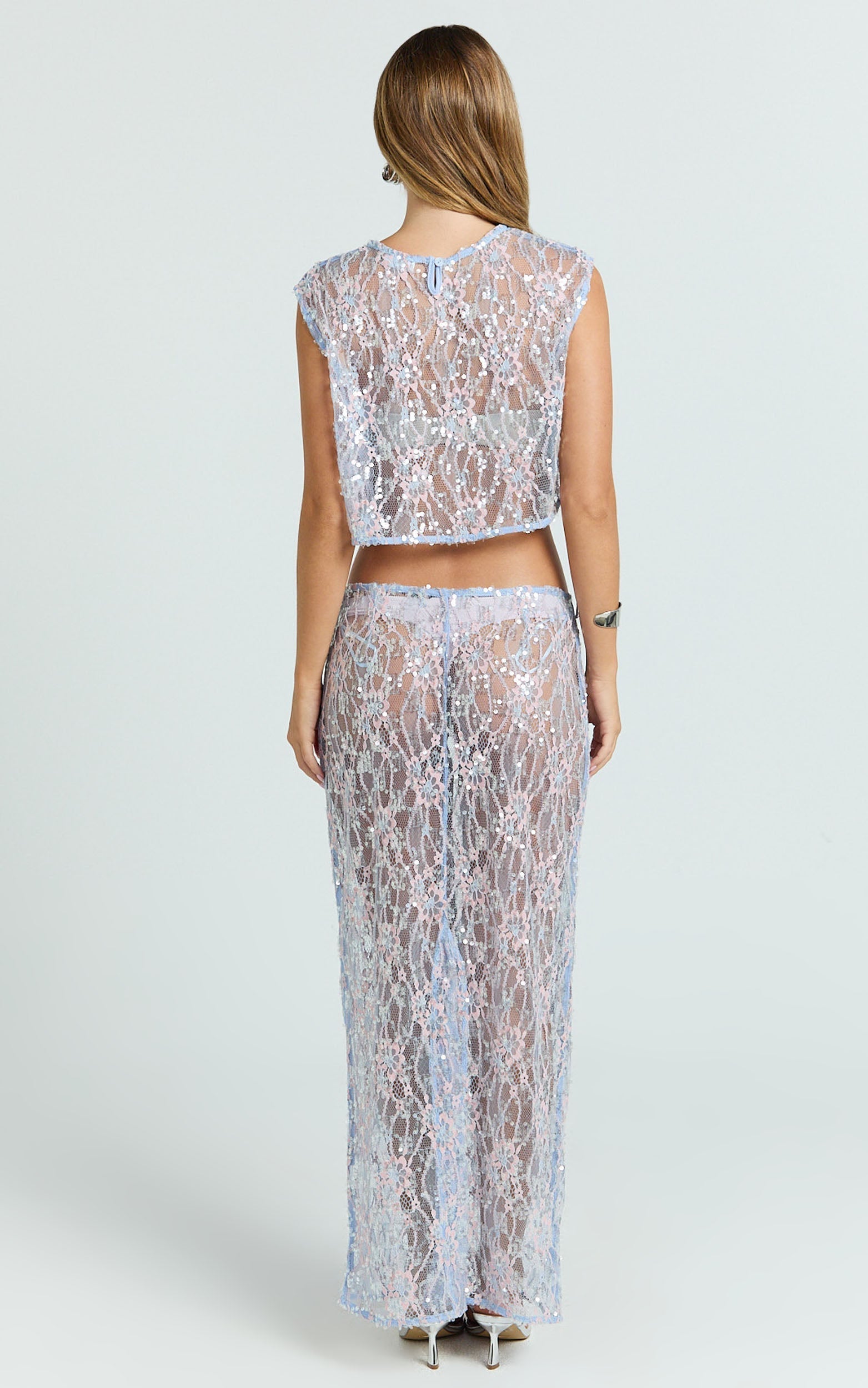 Gemmalyn Two Piece Top and Skirt Set - Sequin Lace Top And A Line Midi Skirt in Pink