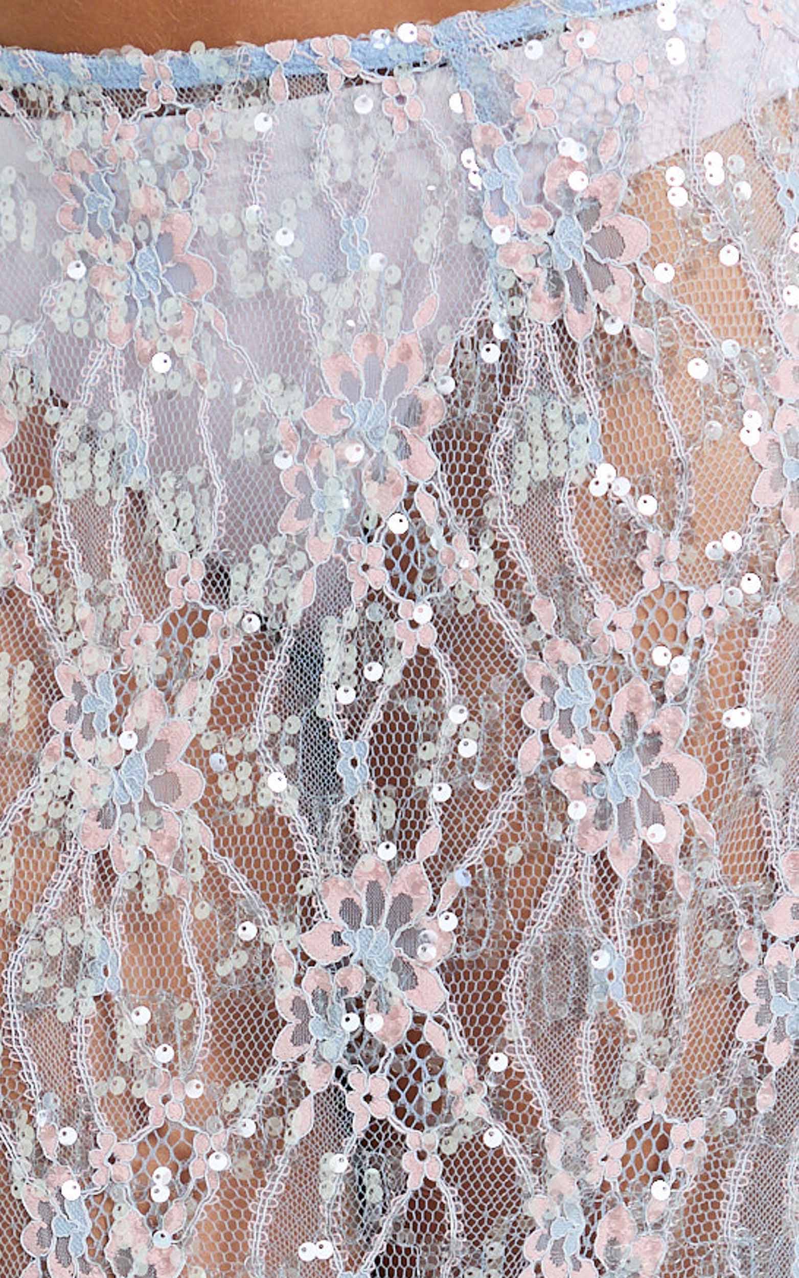 Gemmalyn Two Piece Top and Skirt Set - Sequin Lace Top And A Line Midi Skirt in Pink