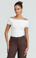 Gena Top - Off Shoulder Gathered Short Sleeve Top in Cream