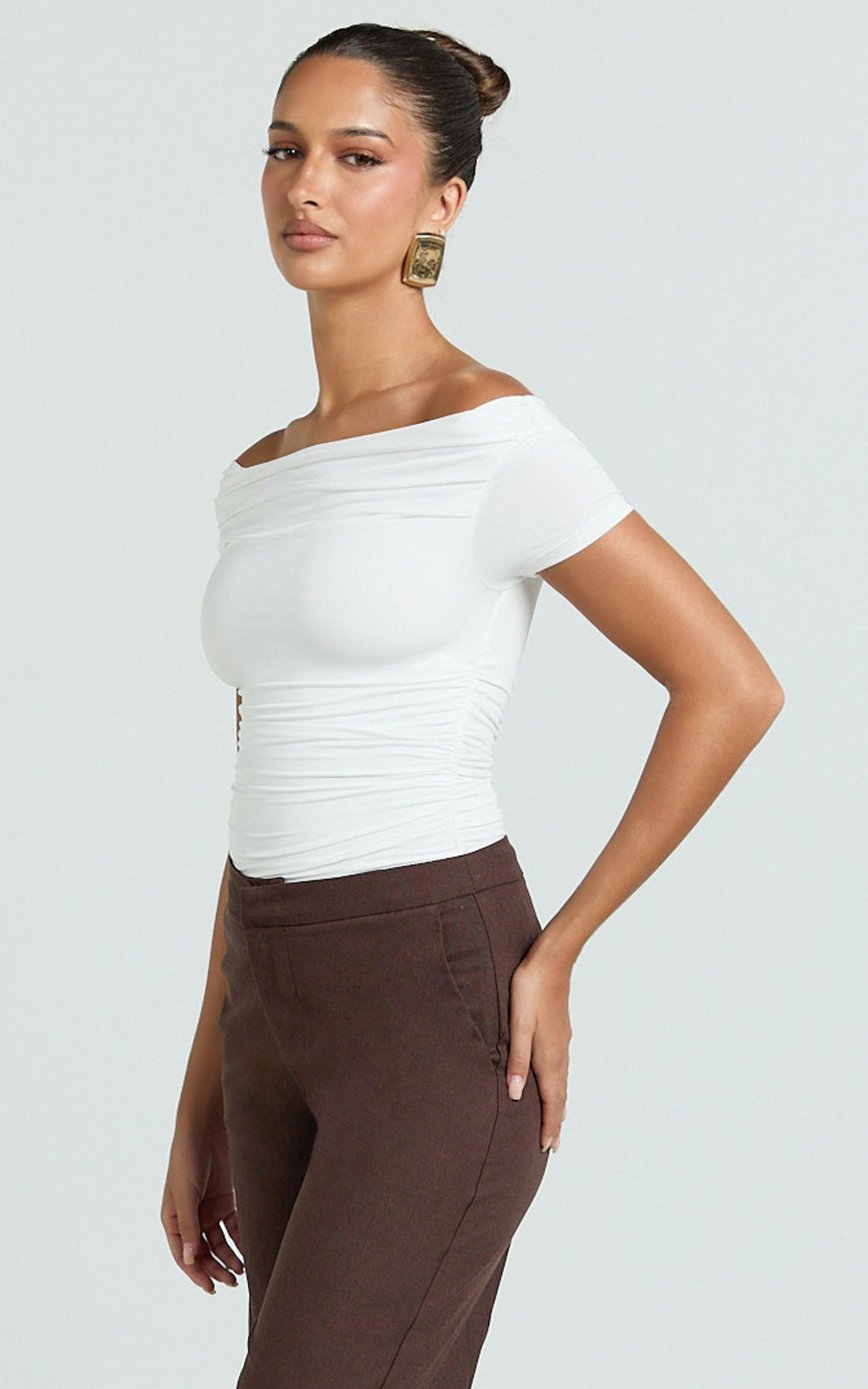 Gena Top - Off Shoulder Gathered Short Sleeve Top in Cream