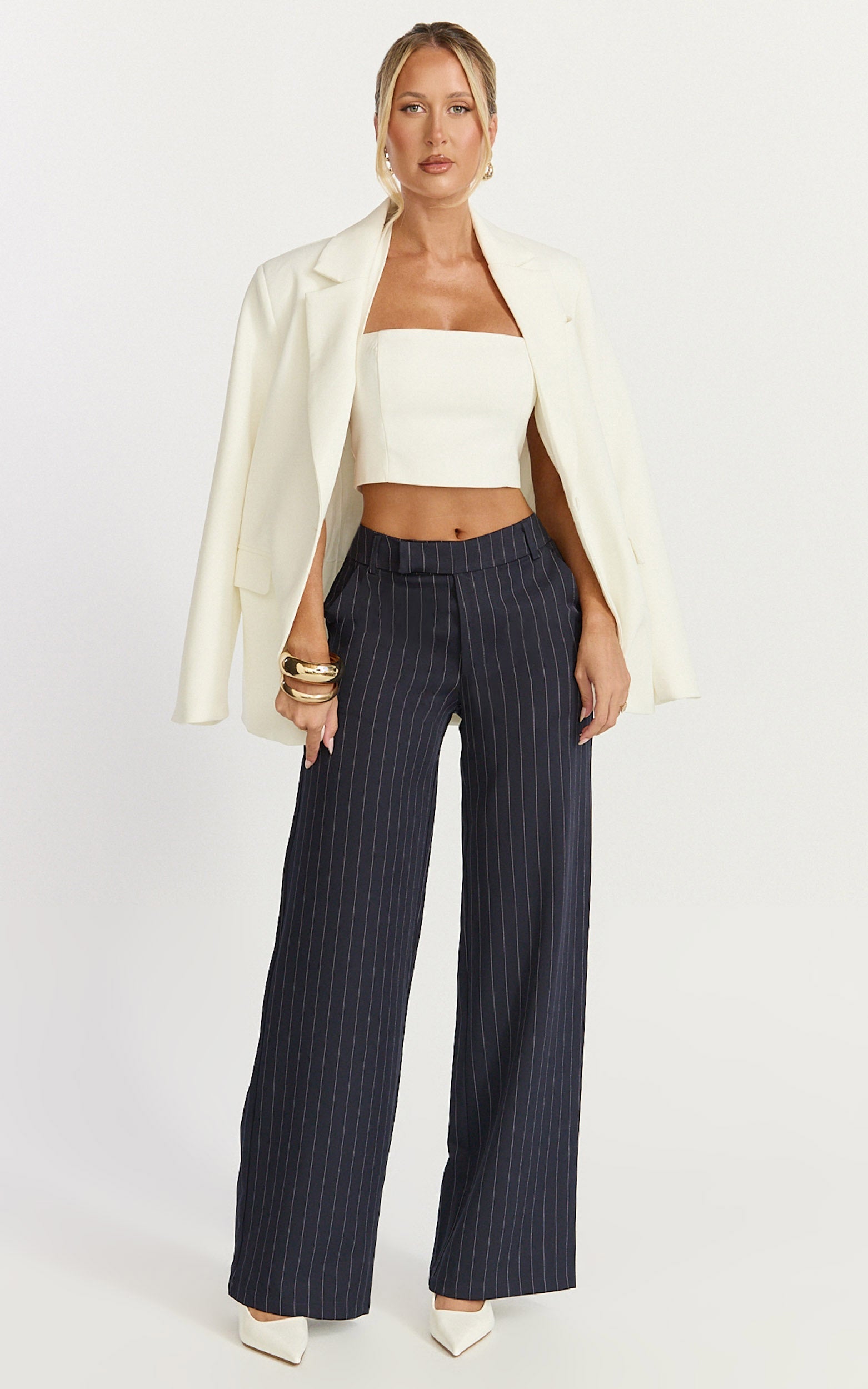 Georgie Pants - Mid Rise Straight Leg Pinstripe Pants in Dark Navy