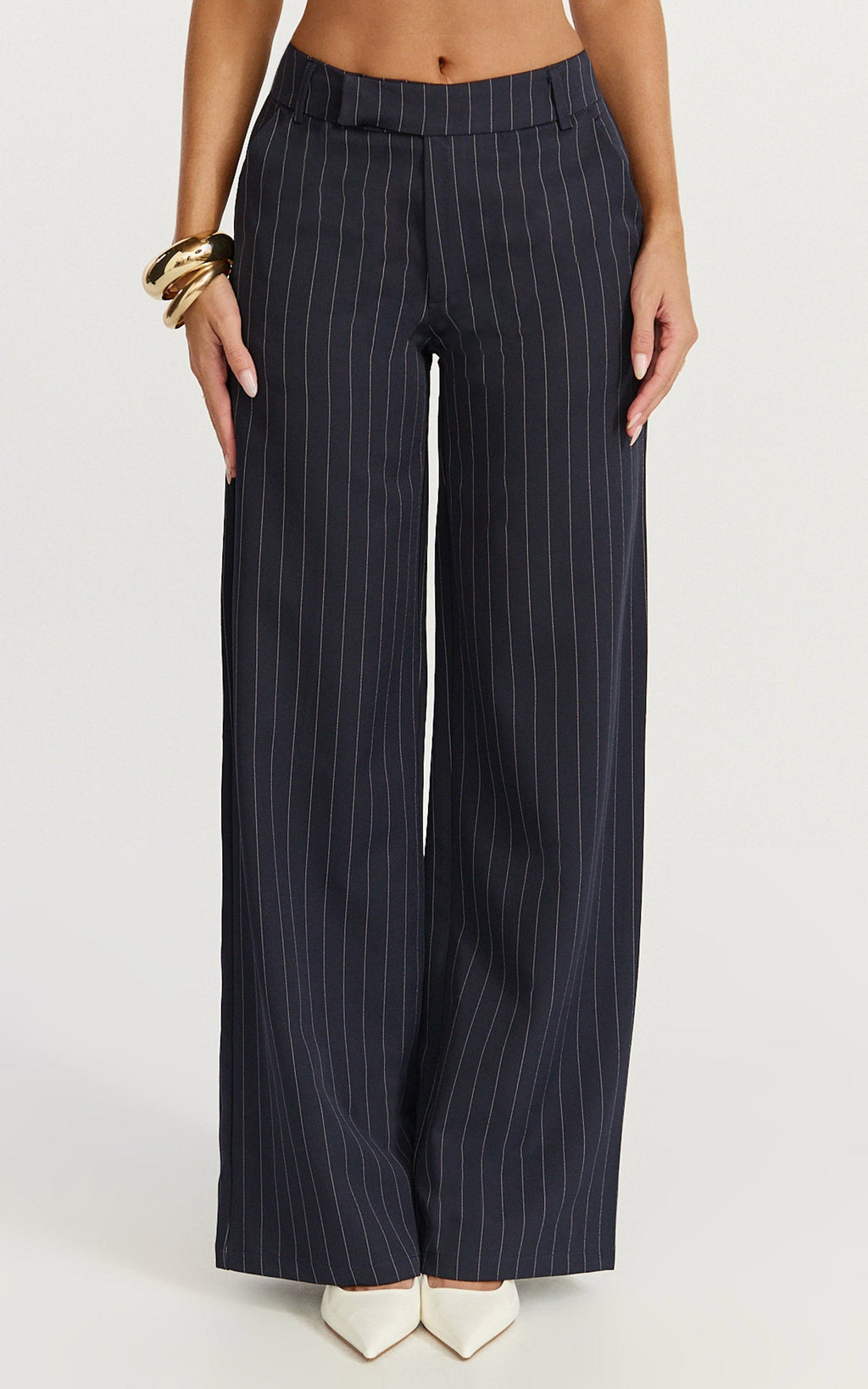 Georgie Pants - Mid Rise Straight Leg Pinstripe Pants in Dark Navy