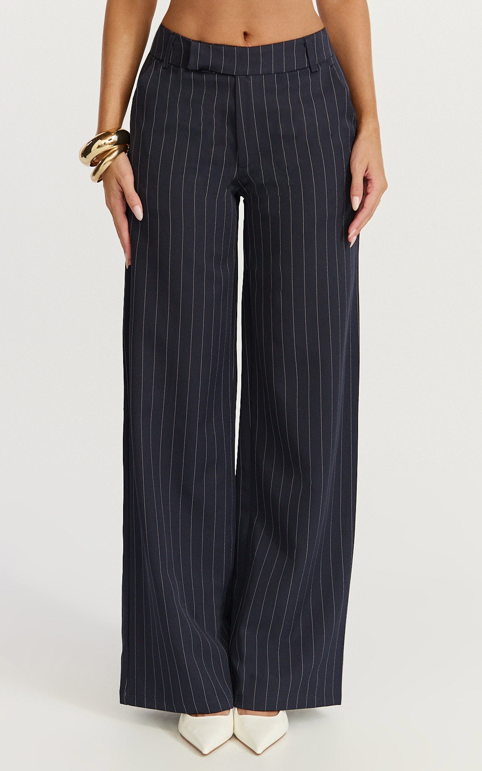 Georgie Pants - Mid Rise Straight Leg Pinstripe Pants in Dark Navy
