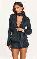 Georgie Top - Button Down Fitted Pinstripe Scarf Blazer Top in Dark Navy