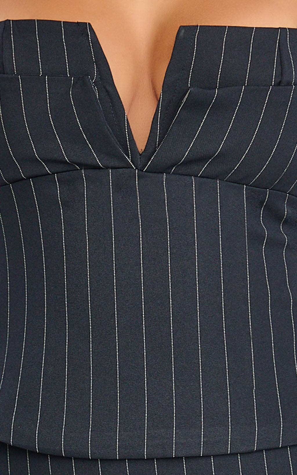 Georgie Top - Plunge V Neck Pinstripe Bustier Top in Dark Navy