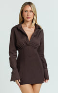 Gino Mini Dress - Collared Button Down Corset Waist Shirt Dress in Chocolate