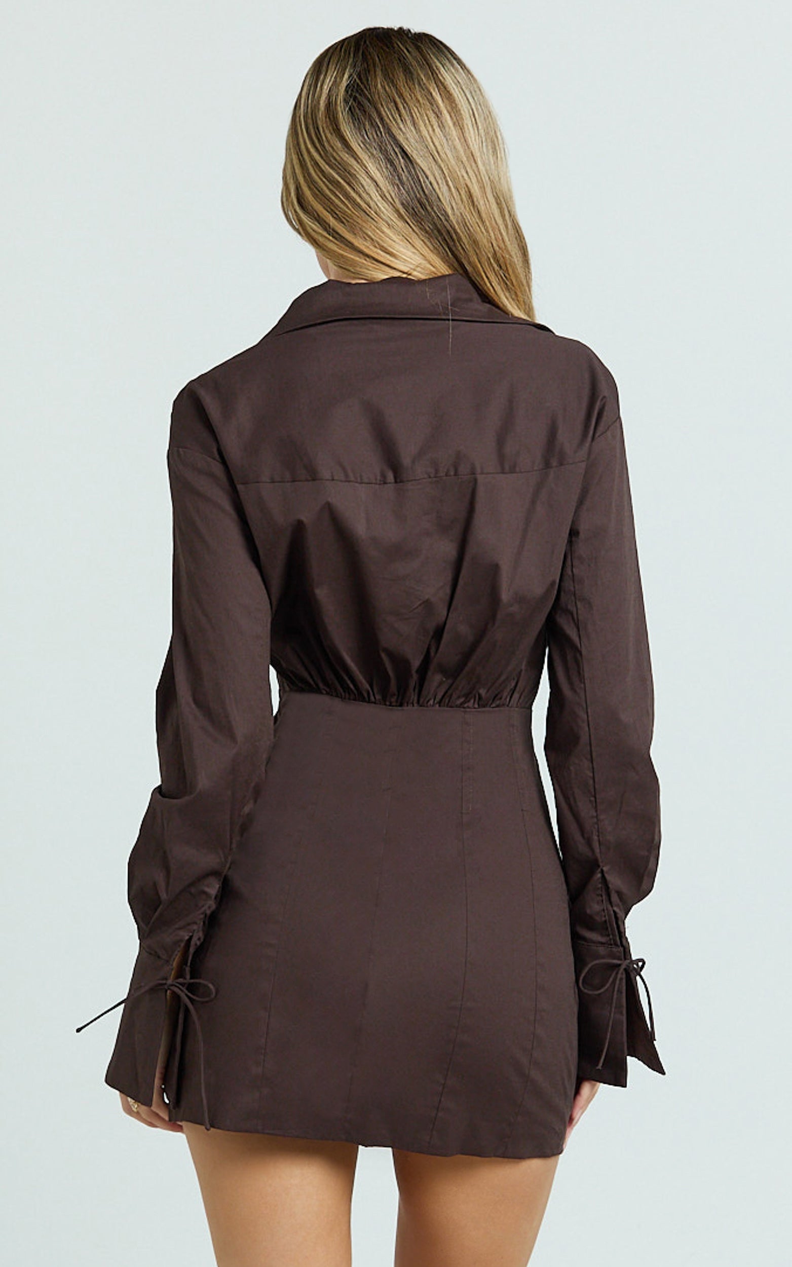 Gino Mini Dress - Collared Button Down Corset Waist Shirt Dress in Chocolate