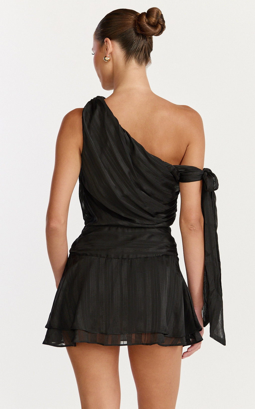 Giselle Mini Dress - Asymmetrical One Shoulder Tie Detail Dress in Black