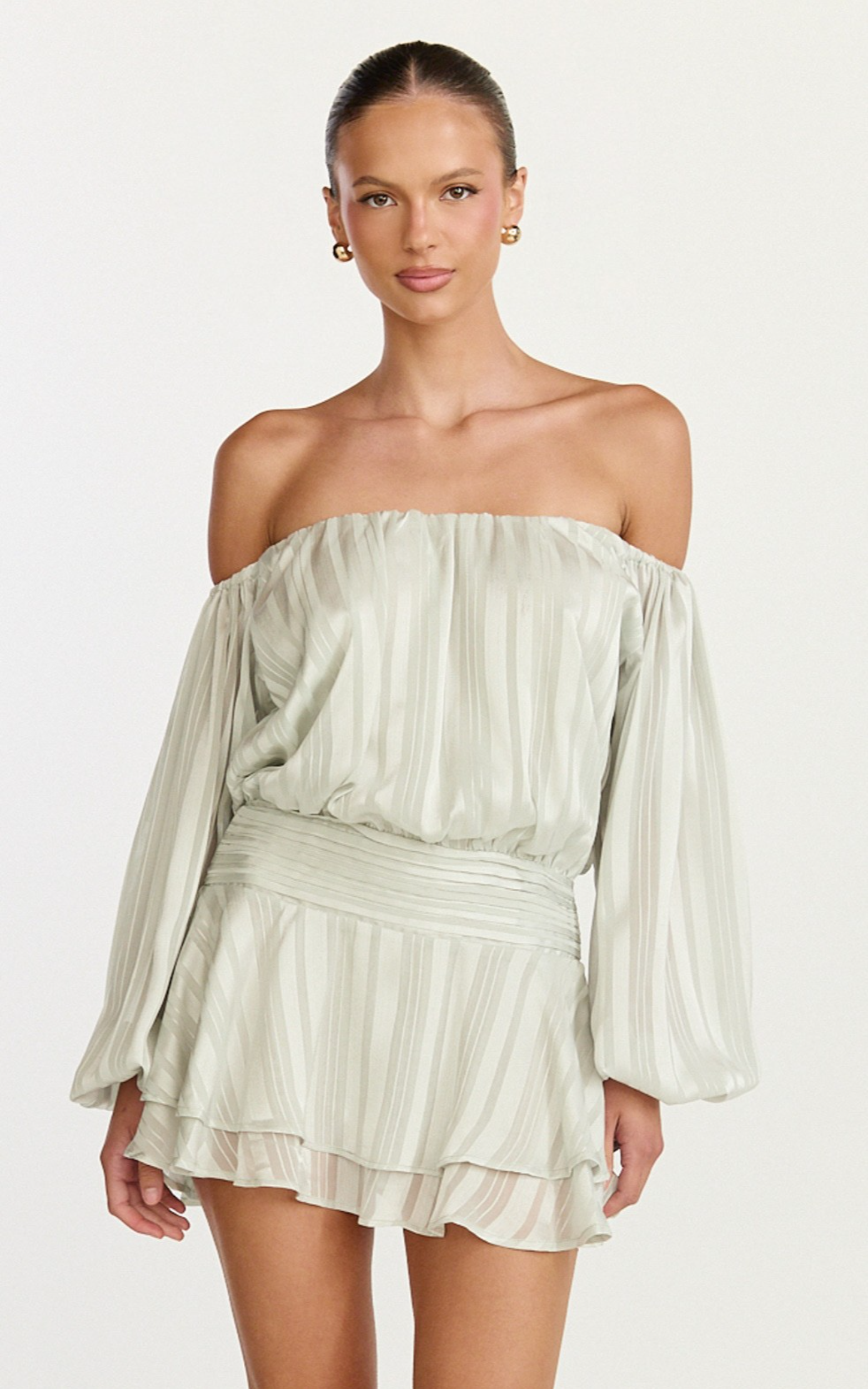 Giselle Mini Dress - Balloon Sleeve Off Shoulder Dress in Sage