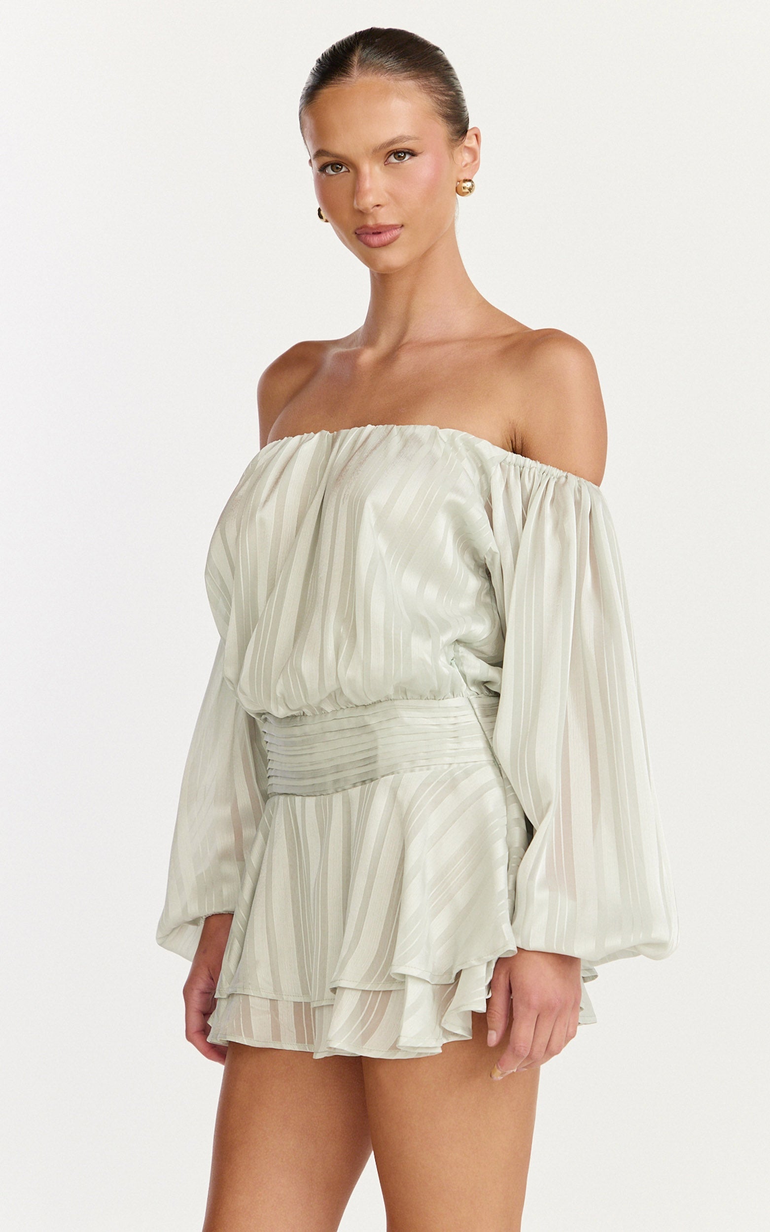 Giselle Mini Dress - Balloon Sleeve Off Shoulder Dress in Sage