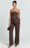 Goldie Pants - Mid Waisted Beaded Belt Tie Straight Leg Pants in Dark Chocolate
