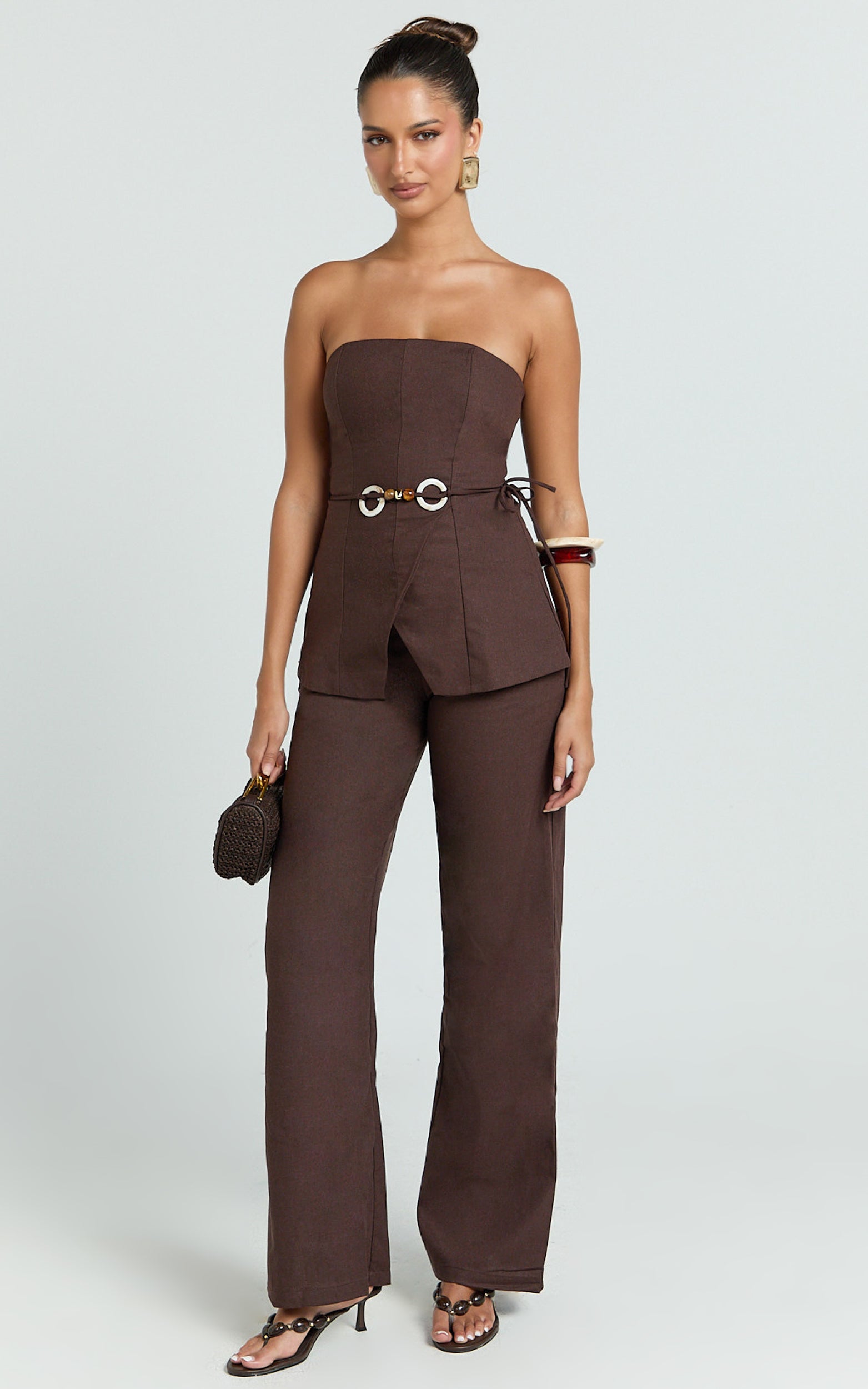 Goldie Pants - Mid Waisted Beaded Belt Tie Straight Leg Pants in Dark Chocolate