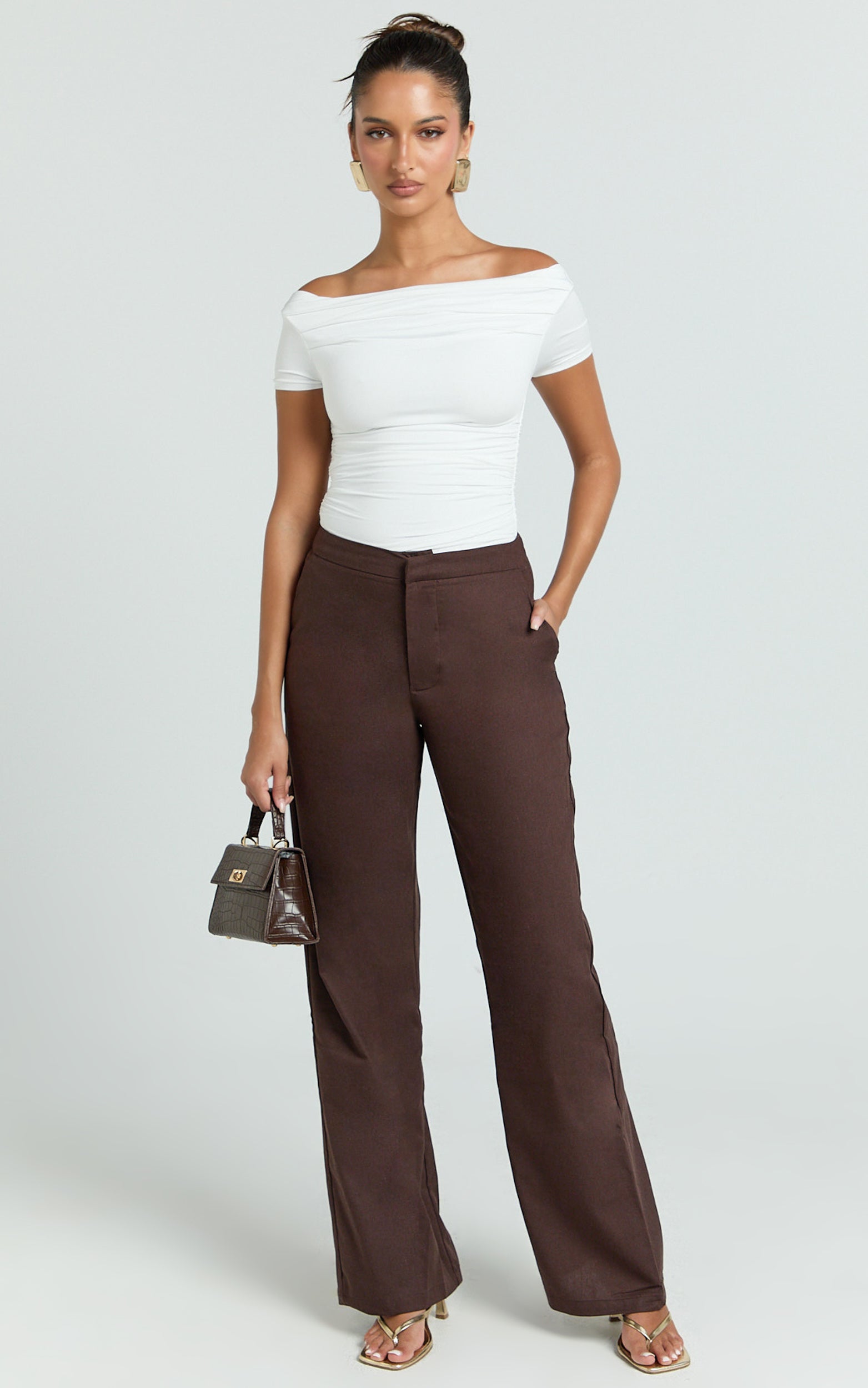 Goldie Pants - Mid Waisted Beaded Belt Tie Straight Leg Pants in Dark Chocolate