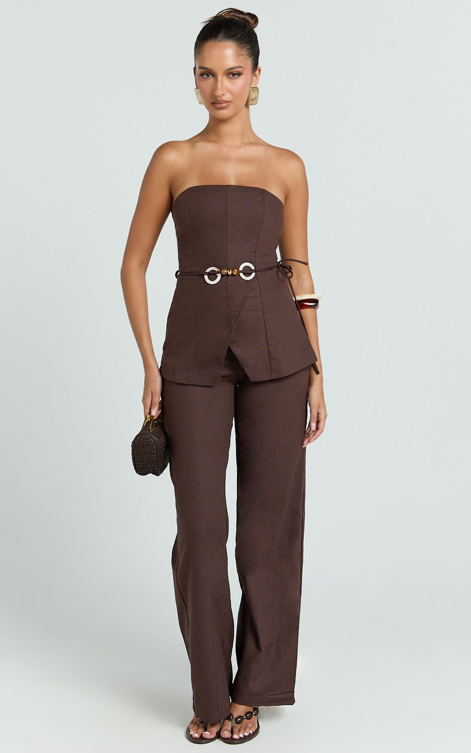 Goldie Top - Strapless Tie Waist Hardware Detail Top in Dark Chocolate