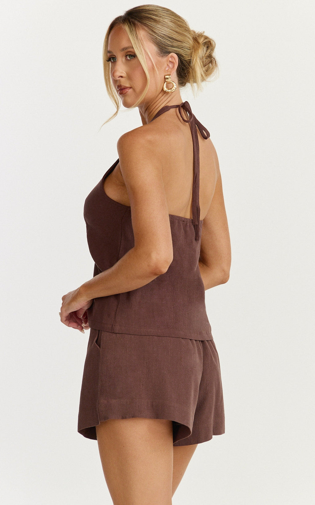 Griffin Top - Front Twist Halter Neck Top in Chocolate