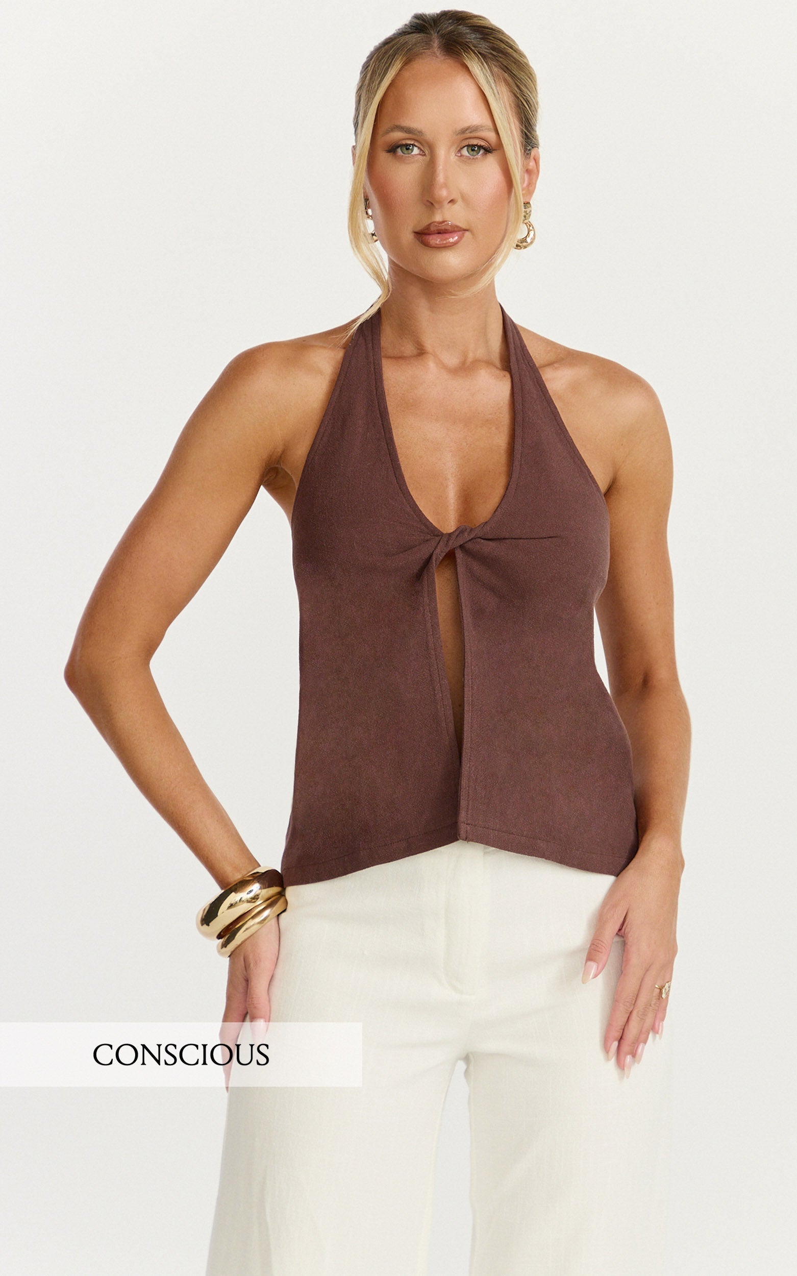 Griffin Top - Front Twist Halter Neck Top in Chocolate
