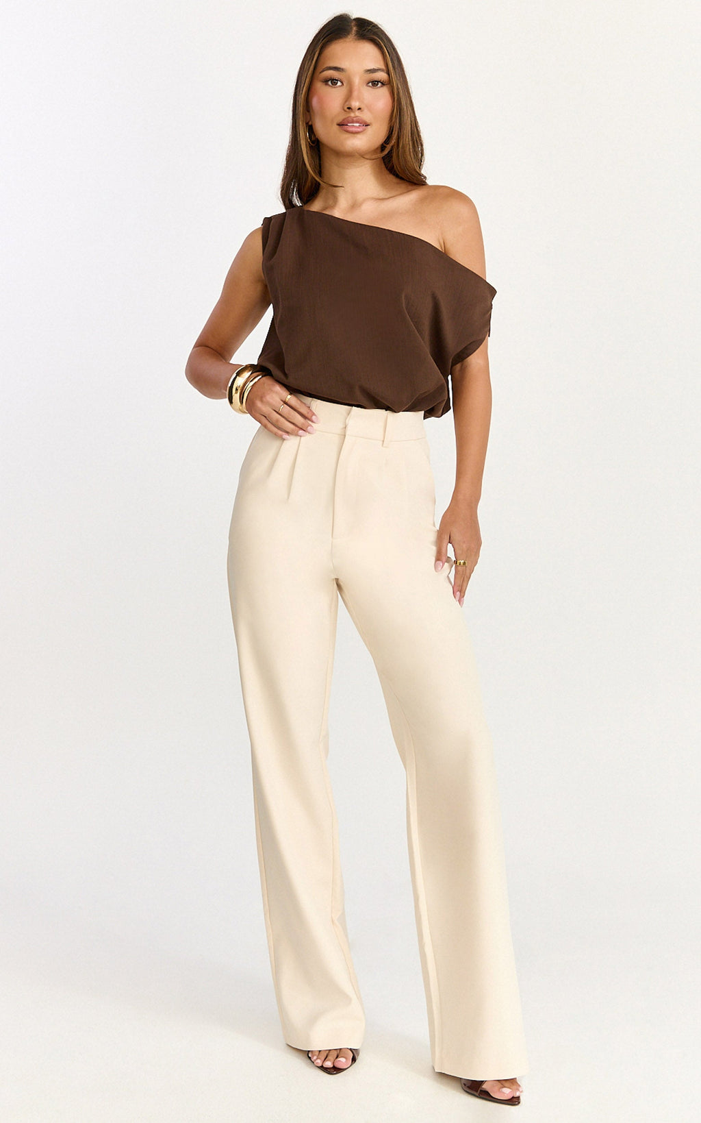 Gwen Bodysuit - Asymmetrical Neckline One Shoulder Bodysuit in Chocolate