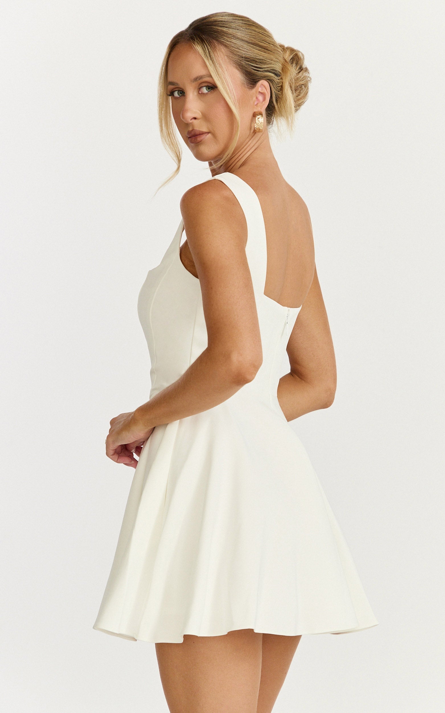 Harmony Mini Dress - Wide Strap Square Neck Fit And Flare Dress in Off White