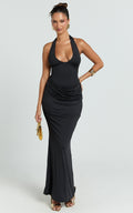 Heath Maxi Dress - Scoop Halter Neck With Drape Front Skirt Back Split Dress in Black