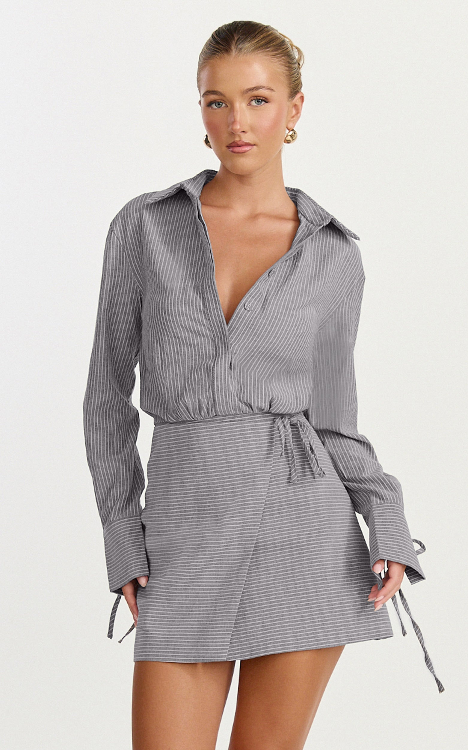 Heath Mini Dress - Collared Button Up Shirt Dress in Grey Stripe
