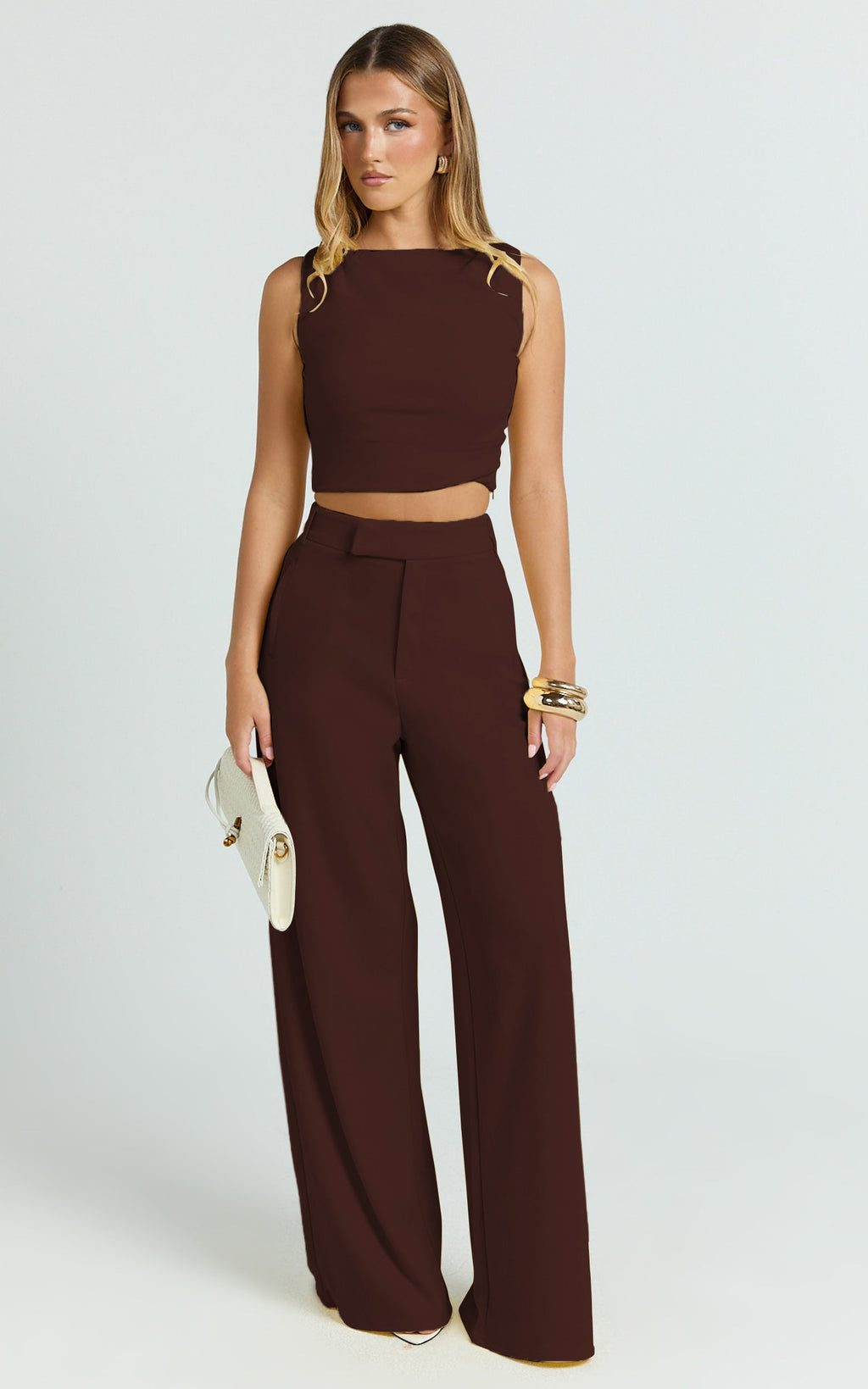 Helen Two Piece Set - Crepe Twisted Top And Wide Leg Pants in Chocolate