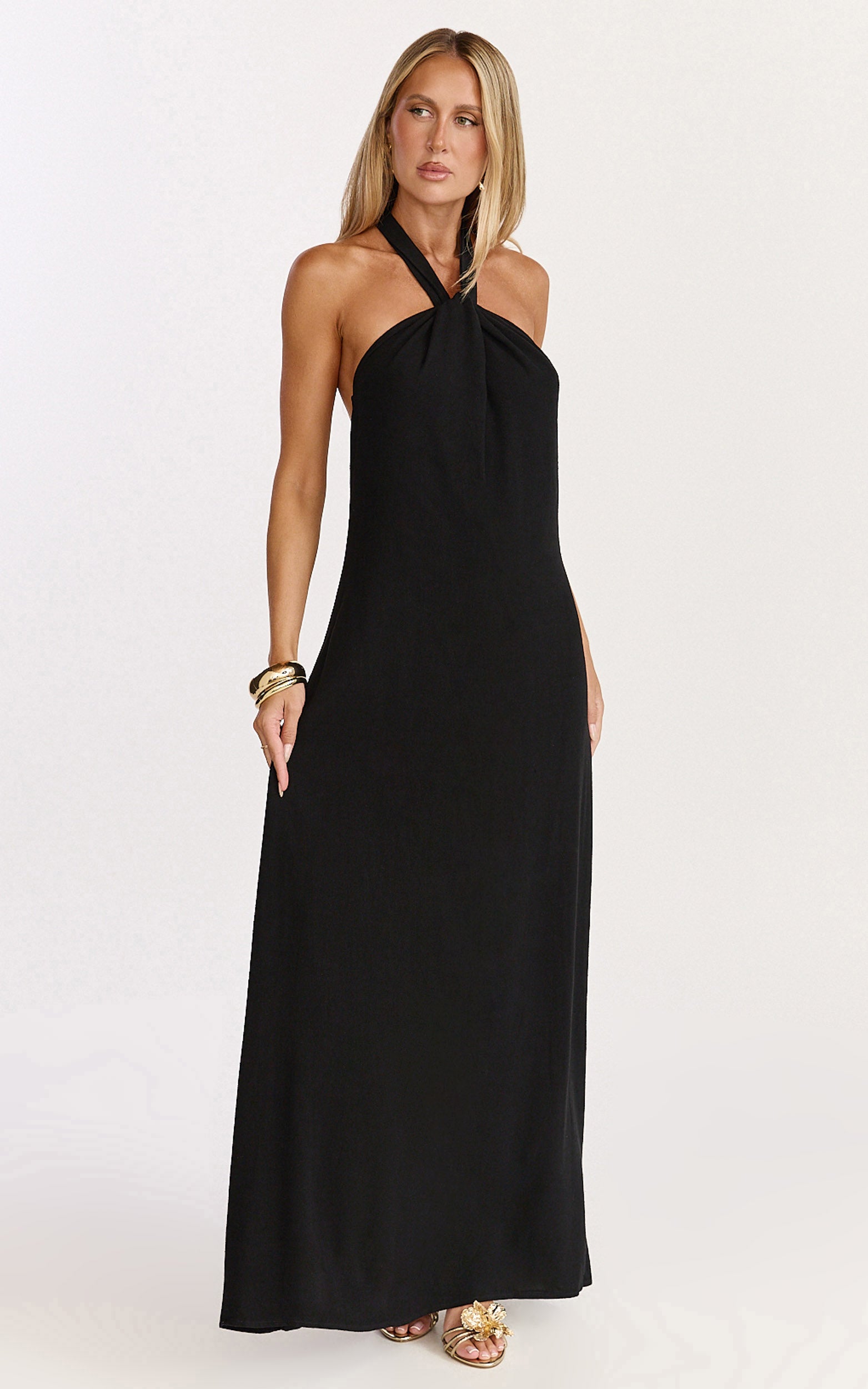 Hilda Maxi Dress - Knot Detail Halter Neck Maxi Dress in Black