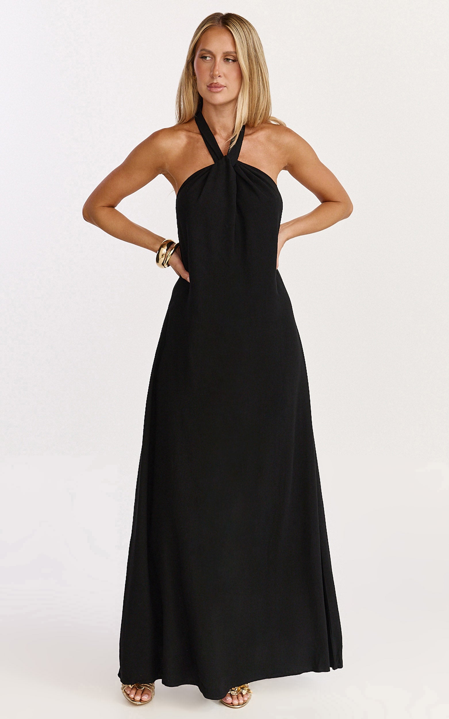 Hilda Maxi Dress - Knot Detail Halter Neck Maxi Dress in Black