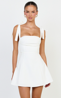 Inez Mini Dress - Gathered Bust A Line Shoulder Tie Dress in White