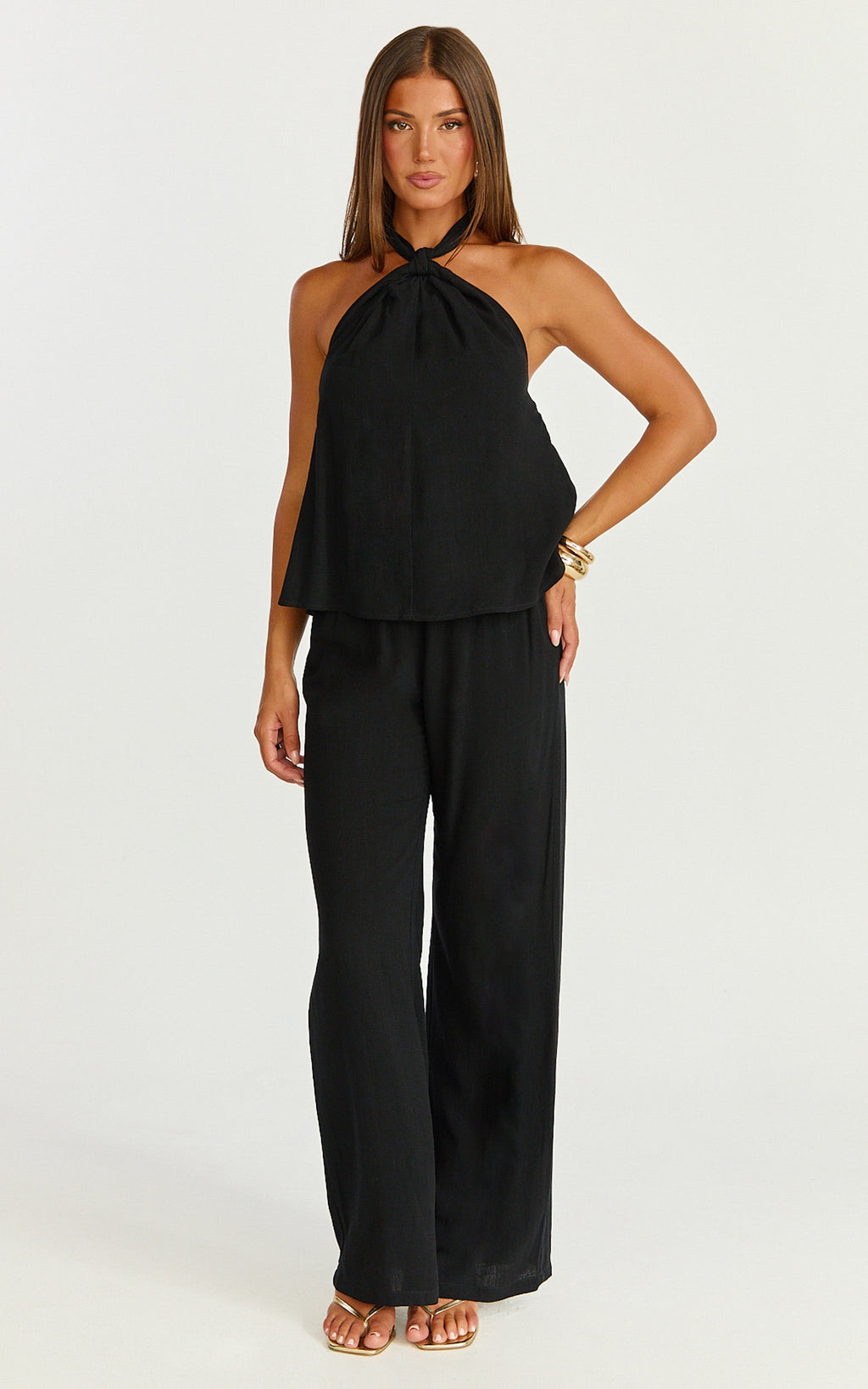 Ingrid Two Piece Set - Knot Detail Halter Neck Top and Wide Leg Pants Set in Black